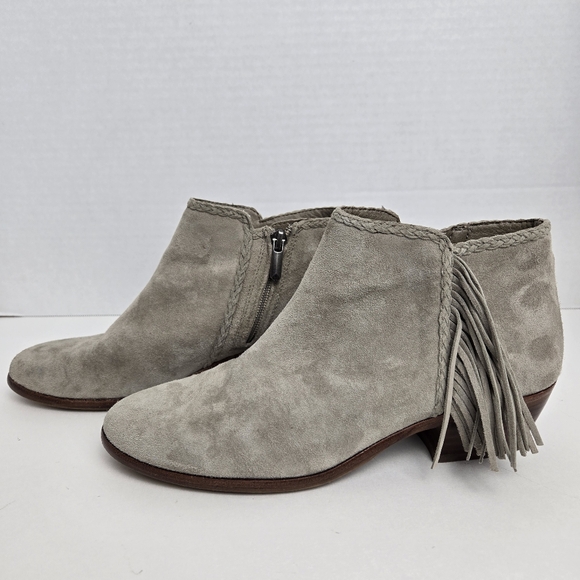 Sam Edelman Paige Genuine Suede Putty Taupe Zipper Fringe Bootie Boots Size 6.5 - Picture 1 of 16